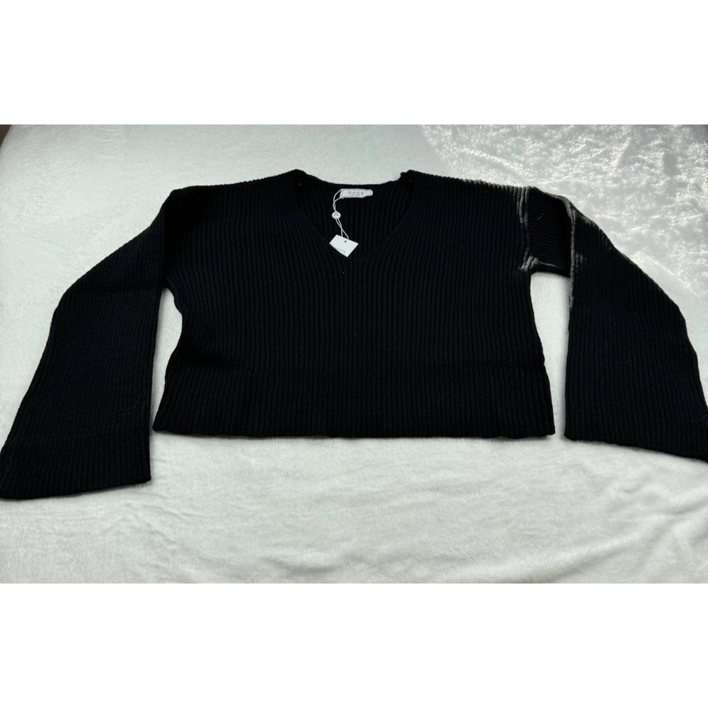 NWT Sage Cropped‎ Pullover Sweater Women's Small Black Knit Ribbed Long Sleeve